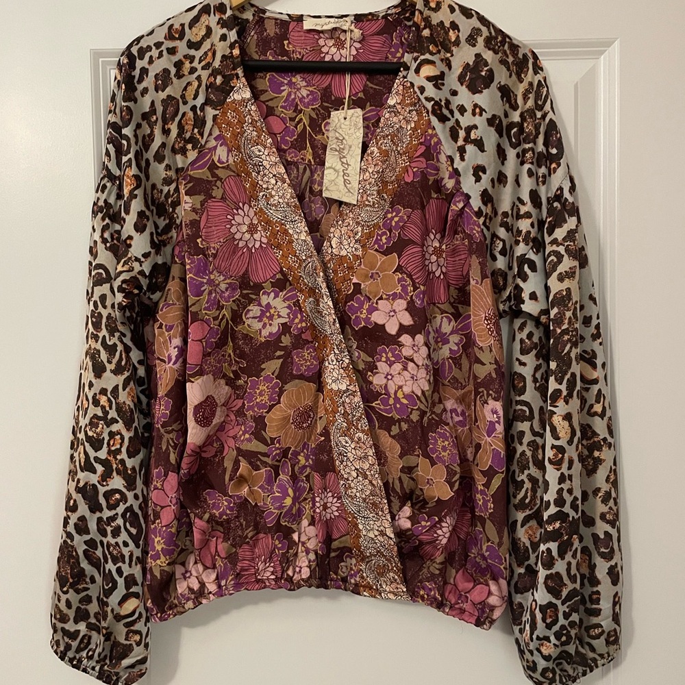 NWT Vici for Mystree Faux Wrap Mixed Print Satin Effect Blouse Top